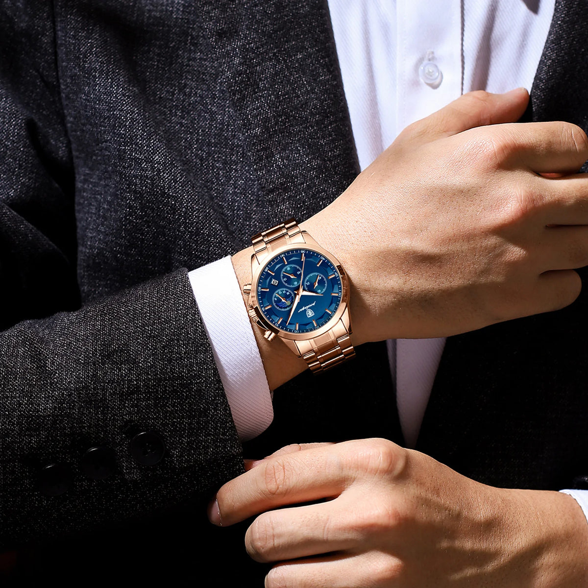 Luxus-Herrenarmbanduhr POEDAGAR, im Militärstil, wasserdicht, mit Leuchtzeiger, Chronograph, aus Edelstahl, Quarzwerk, inklusive Verpackung.