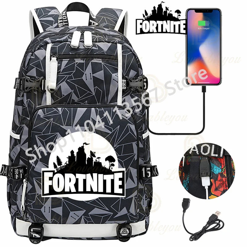 Ultima Knight F-Fortnited Battle Royale Backpack with USB Charging Anime Figures Study Stationery Compartment for Students