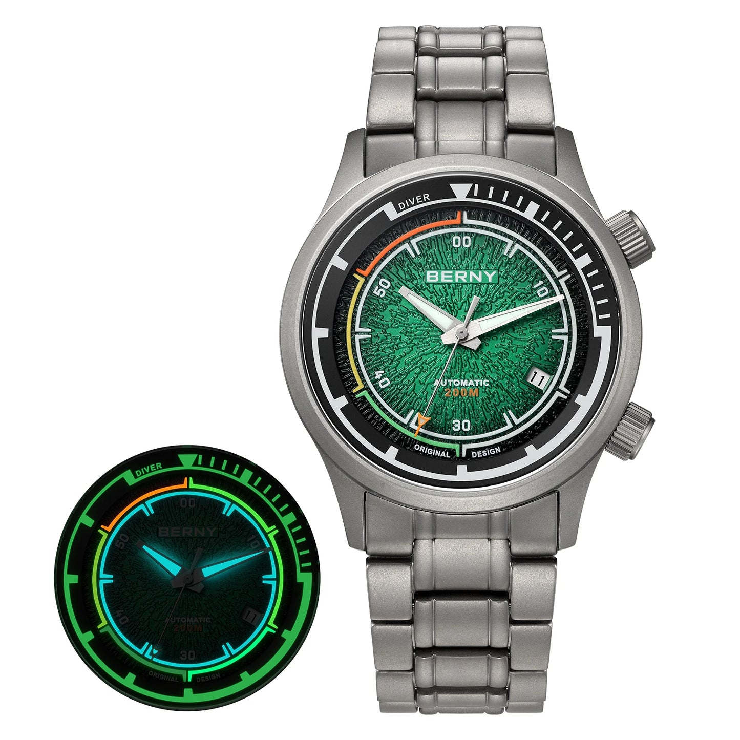 BERNY Automatic Diving Watches for Men Full Titanium Lightweight Super Luminous Mechanical Men's Diver Watch 20ATM Sapphire
