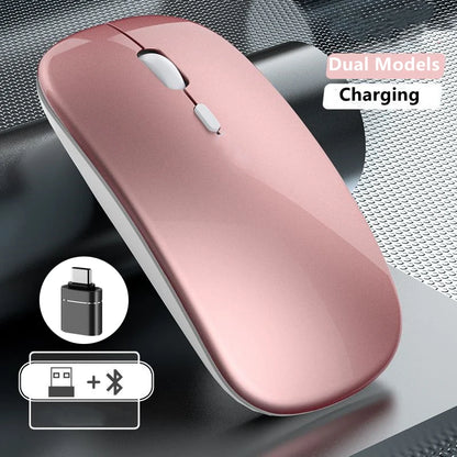 Безжична презареждаема мишка с два режима, съвместима с Bluetooth, 2.4G USB компютърна мишка за лаптоп, iPad, таблет и Notebook, геймърска мишка