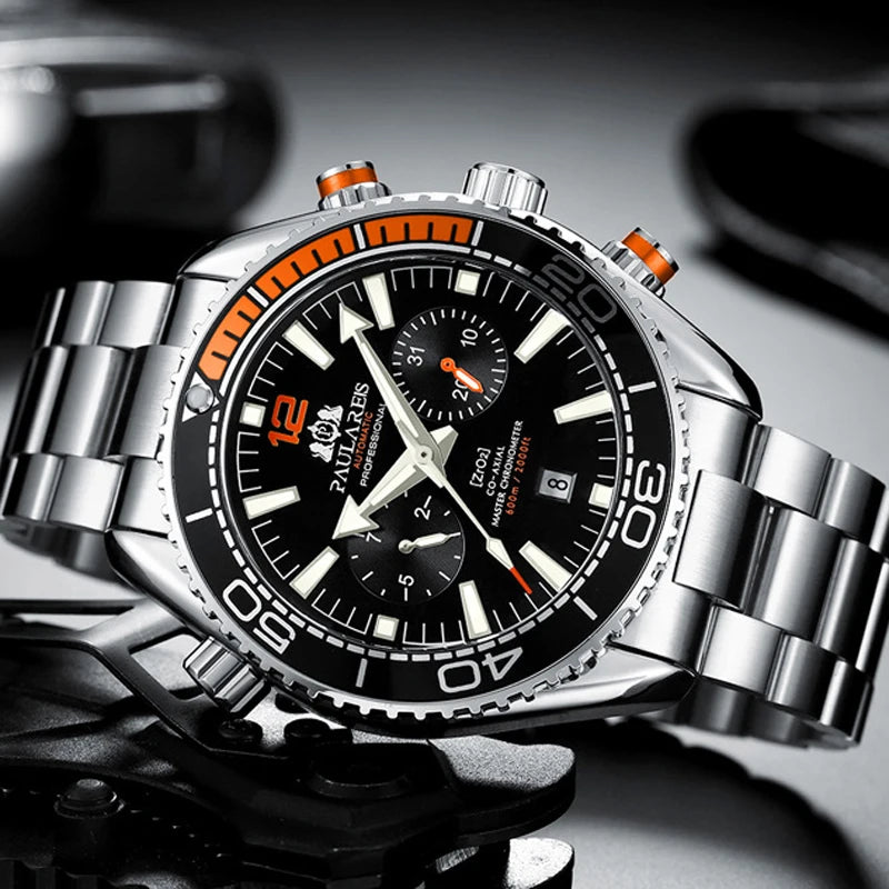 PAULAREIS P Brand Luxury Automatic Watch Men Fashion Calendar Waterproof Luminous Watch Stainless Steel Mechanical Watches Mens