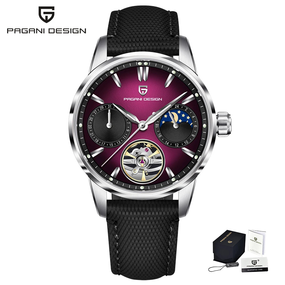 PAGANI DESIGN – Relógio mecânico de luxo para homem, 41 mm, vidro de safira, bracelete em pele, estanque, estilo piloto, com turbilhão e fase lunar