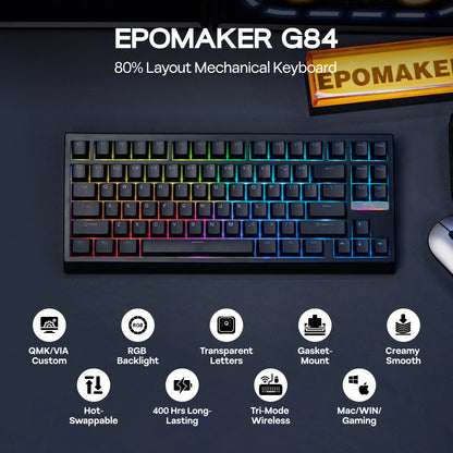 EPOMAKER G84 VIA 80% Layout Hot-Swap Gasket-Mounted Wired/2.4GHz/Bluetooth Wireless Mechanical Keyboard with RGB Backlight