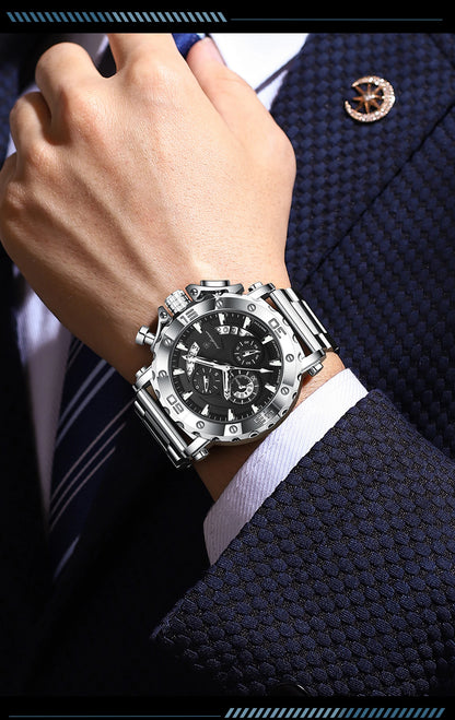 Orologio da uomo di lusso POEDAGAR, luminescente, impermeabile, cronografo, datario, acciaio inossidabile, al quarzo, Reloj