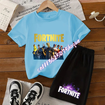 Summer Kids Game Fortnite T-Shirt Suit Anime Short Sleeve Shorts 2 Piece Summer Children Cotton Casual Sportswear Gifts