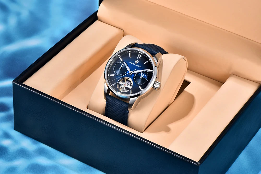 PAGANI DESIGN – Relógio mecânico de luxo para homem, 41 mm, vidro de safira, bracelete em pele, estanque, estilo piloto, com turbilhão e fase lunar