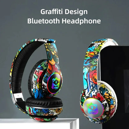 New Graffiti Wireless Bluetooth Gaming Headset LX-8686 with Mic, LED Light, TF Card Support, Deep Bass Over-Ear Headphones for PC, Gaming & Kids
