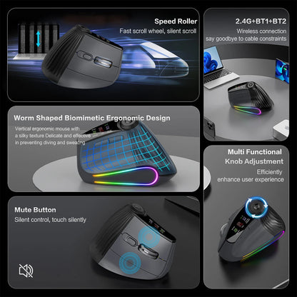 Wireless Ergonomic Mouse with Smart Flying Scroll, Bluetooth & 2.4G Rechargeable RGB Backlit Ergonomic Mouse, Adjustable DPI Gaming Mouse for PC, Laptop & Mac