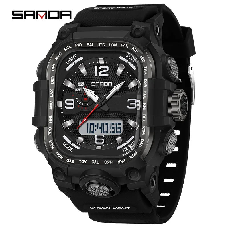 SANDA 6310 Men's Electronic Watch Multifunctional Luminous Alarm Clock Calendar Stopwatch Dual Display Digital Watches for Man