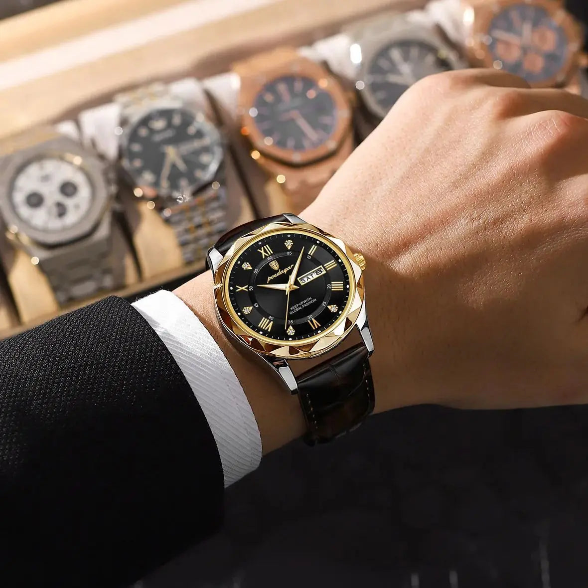 Relógio de homem POEDAGAR, modelo original de luxo: estanque, luminescente, com indicação da data e do dia. Relógio de quartzo com um estilo clássico e profissional, equipado com uma bracelete em pele.