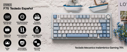 EPOMAKER AULA F75 ISO-ES 75% QWERTY español, teclado mecánico gaming inalámbrico con cable/Bluetooth/2.4GHz, hot-swap, montaje gasket y retroiluminación RGB