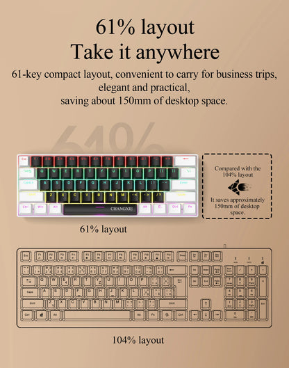 60% Compact Wired Mechanical Keyboard 61 Keys RGB Backlight Red Switch Ergonomic Small Portable for Office Computer Windows Tabl