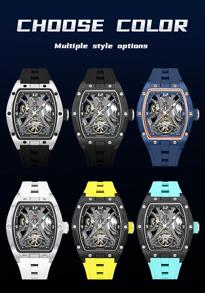 MEGIR Sports Style Automatic Mechanical Watch for Men Full Hollow Transparent Dial Design Stainless Steel Case Silicone Strap