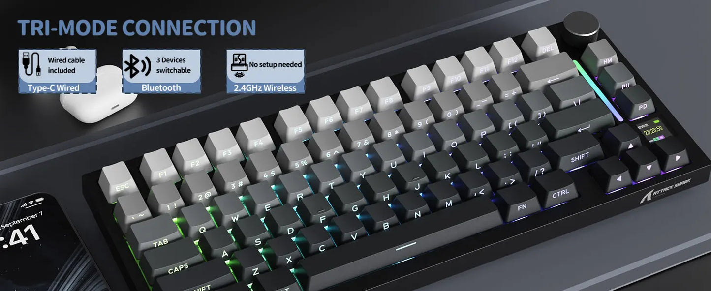 ATTACK SHARK X820 Ultra Wireless Mechanical Keyboard with TFT Smart Display & Knob, 75% Hot Swappable, BT/2.4G/Wired, Gift Switch