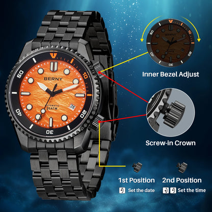BERNY 20ATM Automatic Men's Watch Diver Sports Diving Watches Luxury Sapphire 316L Stainless Steel Mechanical Waterproof Watches