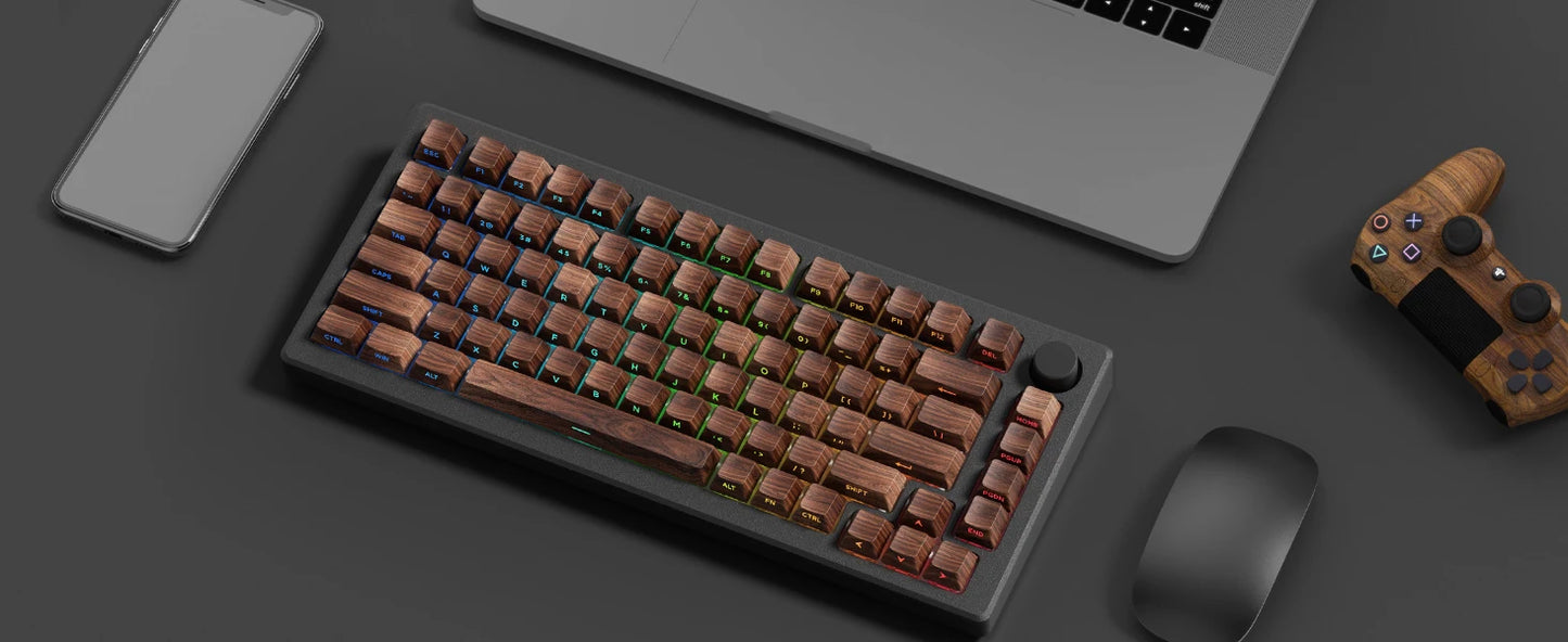 Wood Grain, Side Engraved Translucent Cherry Keycap PBT 126 Keys, Customized for 60/84/98/108 Mechanical Keyboard