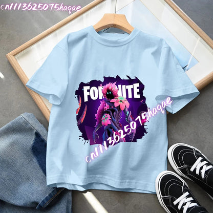 Fortnites Kids Blue Cotton T Shirt Fortress Night Baby Short Sleeve Tees Shirt Cartoon Boy Girl Summer Clothes Kawaii Tops Gift