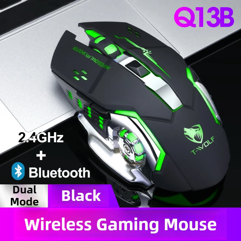 Q13 Bluetooth Wireless Mouse RGB Rechargeable Gaming Mouse, 2.4G Wireless Mouse with Adjustable DPI, 6 Buttons for PC, Laptop & Tablet
