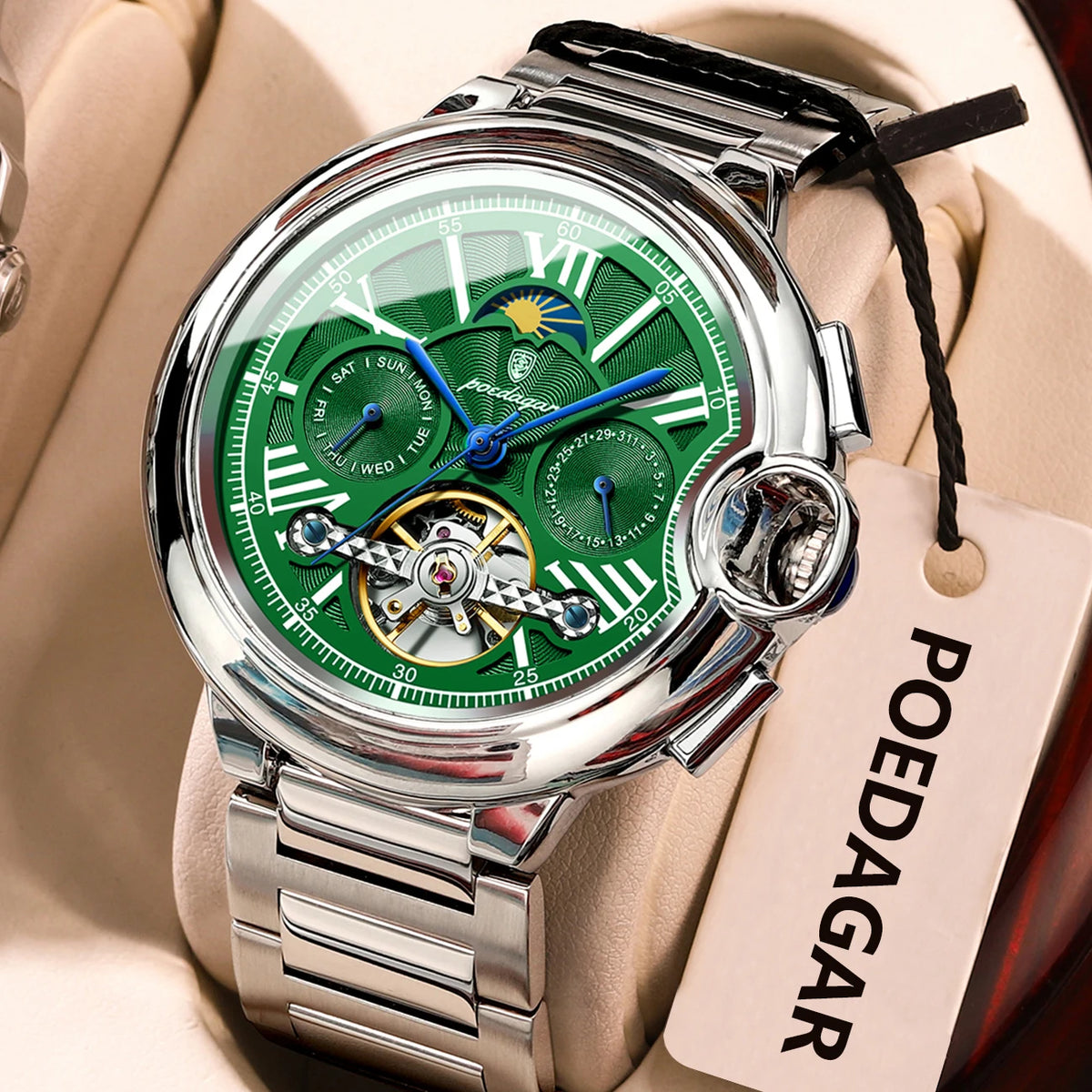 POEDAGAR Herrenuhr im luxuriösen und professionellen Stil, mit Datums- und Wochentagsanzeige, Tourbillon, Edelstahlgehäuse, mechanischem Automatikwerk und Wasserdichtigkeit.