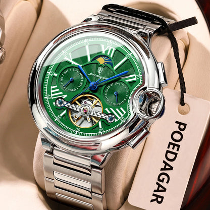 POEDAGAR Herrenuhr im luxuriösen und professionellen Stil, mit Datums- und Wochentagsanzeige, Tourbillon, Edelstahlgehäuse, mechanischem Automatikwerk und Wasserdichtigkeit.