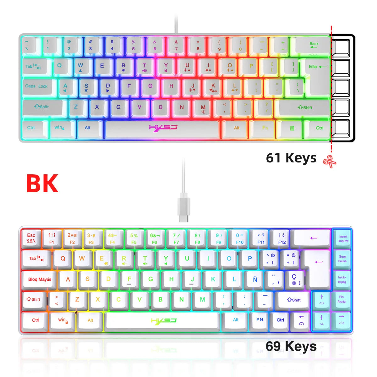RGB backlit keyboard Russian 69 keys white membrane gaming wired ergonomic Keyboards for compact mini  for pc laptop color black