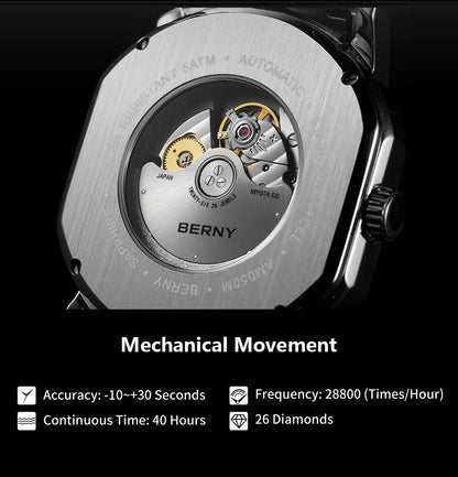 BERNY Men's Mechanical Watch, Top Accuracy, Automatic Wristwatch, Luxury Male Clock, Sapphire, Self-Winding, Waterproof