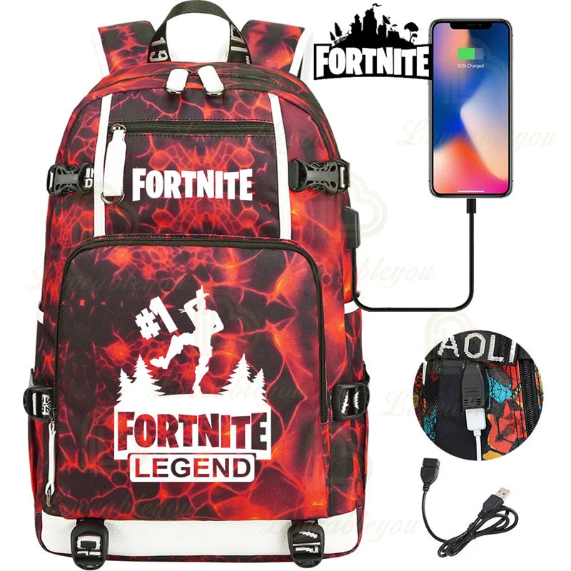Yule Trooper F-Fortnited Battle Royale Rucksack mit USB-Ladeanschluss, Anime-Figuren, Lern- und Schreibwarenfach für Schüler