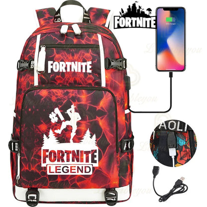 Yule Trooper F-Fortnited Battle Royale Rucksack mit USB-Ladeanschluss, Anime-Figuren, Lern- und Schreibwarenfach für Schüler