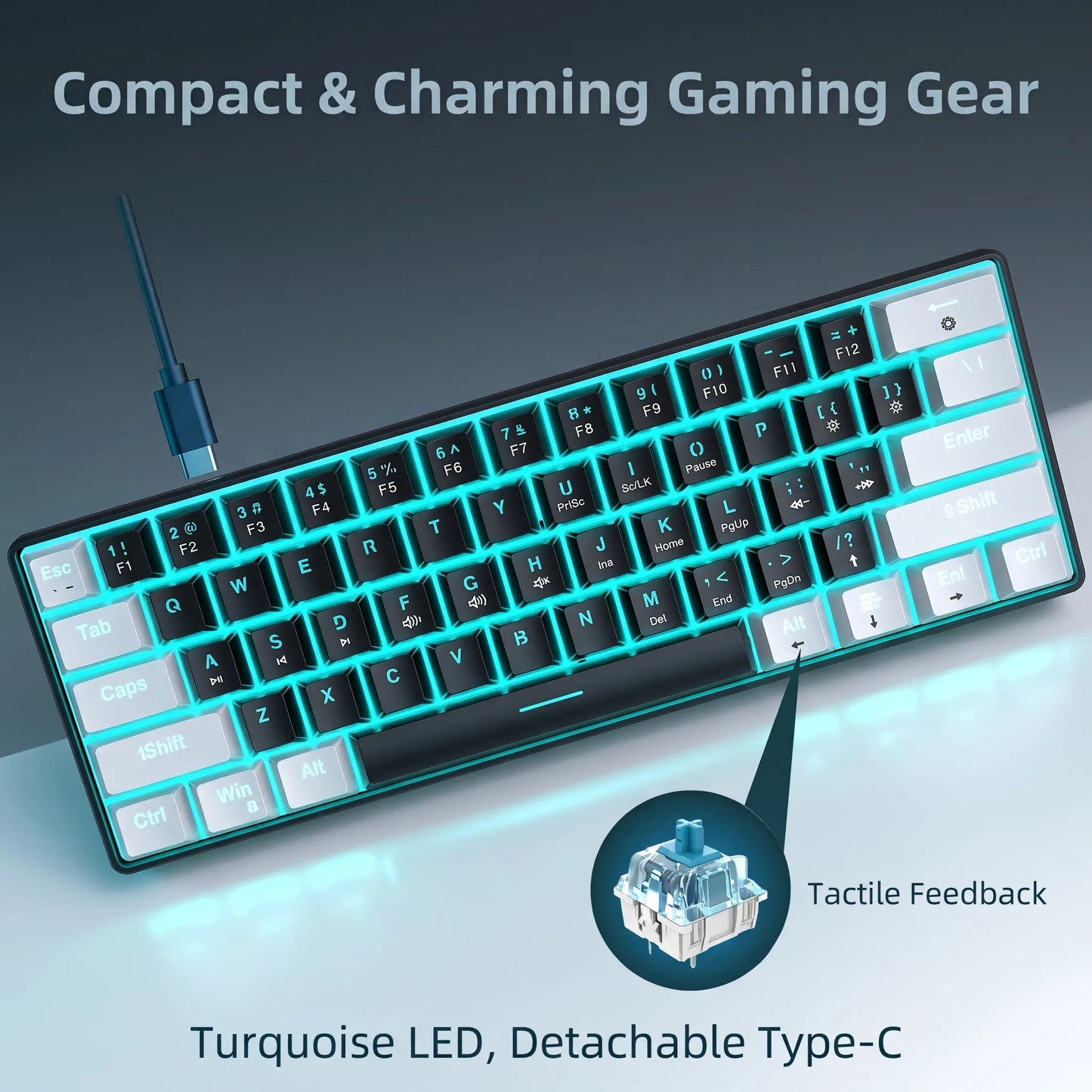 61 Keys Mechanical Gaming Keyboard RGB LED Backlit Compact Wired Red Switches Colorful Keycaps for Desktop Computers