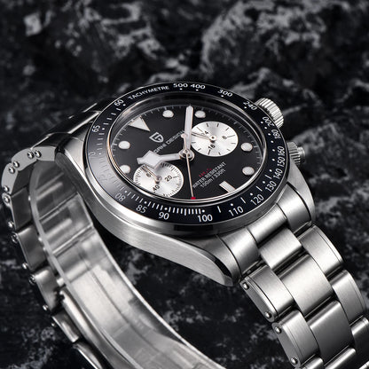 Pánske hodinky PAGANI DESIGN „Panda“ – luxusný quartzový chronograf, vodotesné, zafírové sklo s antireflexnou úpravou, športové hodinky s luminiscenčným ciferníkom