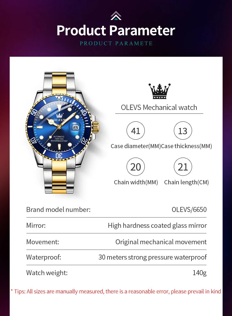 OLEVS 6650 Men Watch Classic Original Automatic Mechanical Watch For Man Zircon Scale Waterproof Luminous Stainless Steel Watch