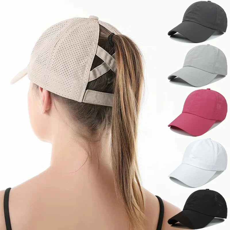 Women Summer Baseball Cap Solid Color Cross Ponytail Hat Quick-Drying Half-Hollow Men Caps Golf Wear Sport Leisure Hat 6 Colors
