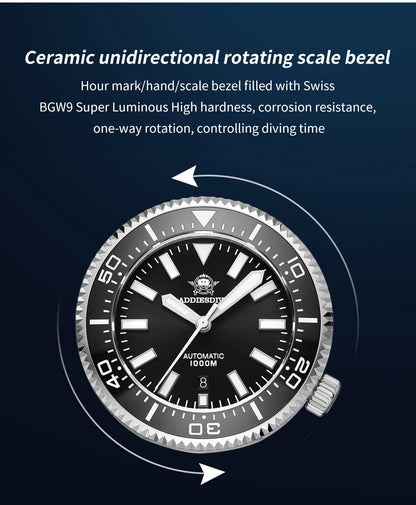 ADDIESDIVE Men's Luxury Watch 1000m Diver's Watch Waterproof Luminous Sapphire Glass Reloj Hombre Automatic Mechanical Watches