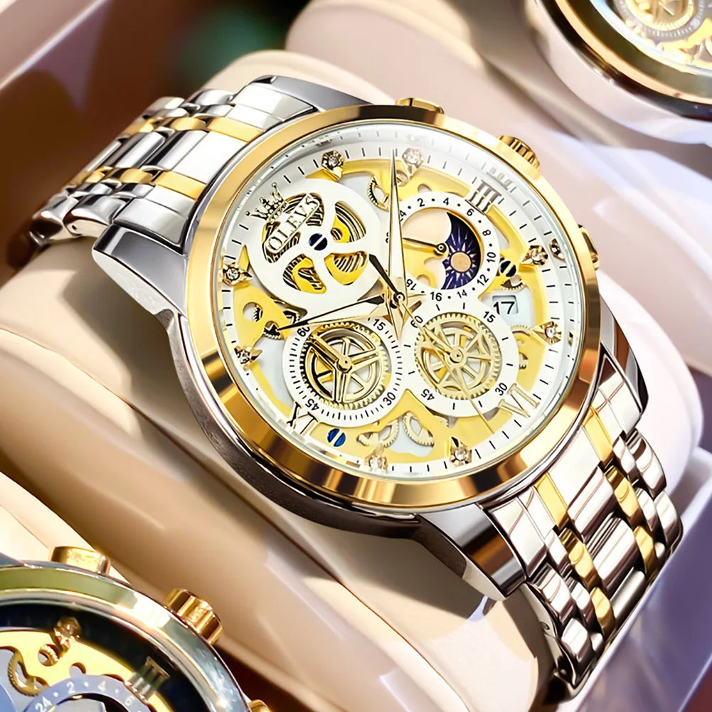 OLEVS herenhorloge – Luxe model, waterdicht, quartz, skeletstijl, 24-uursweergave (dag/nacht), goudkleurig