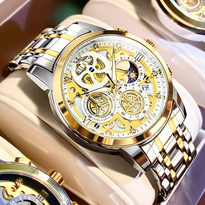 OLEVS herenhorloge – Luxe model, waterdicht, quartz, skeletstijl, 24-uursweergave (dag/nacht), goudkleurig