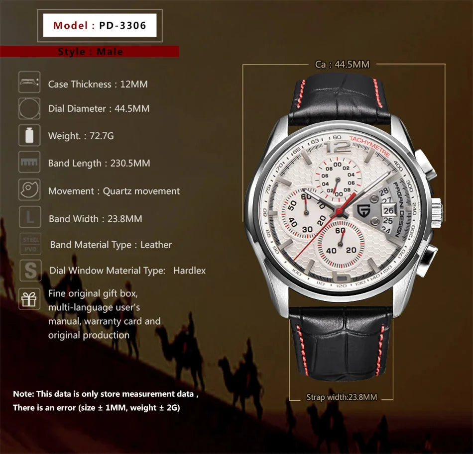 PAGANI DESIGN PD-3306 Multi Functional Waterproof Sport Men's Chronograp Watch Leather Quartz Military Watches Relogio Masculino