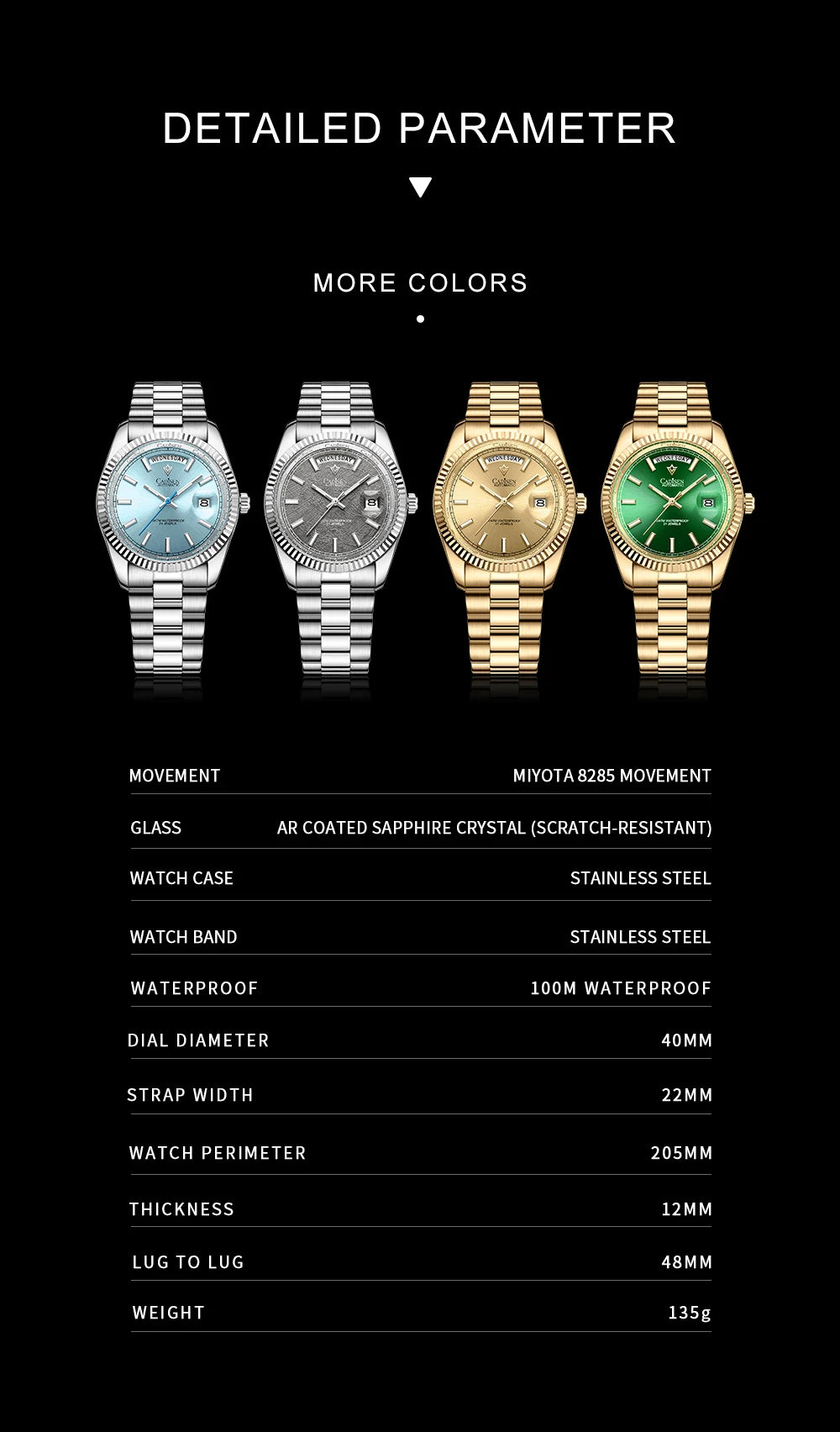 CADISEN DD40 Men's Watches Luxury Automatic Watch Men AR Sapphire Glass Mechanical Wristwatch Men 10Bar MIYOTA 8285 Movement 2023 New