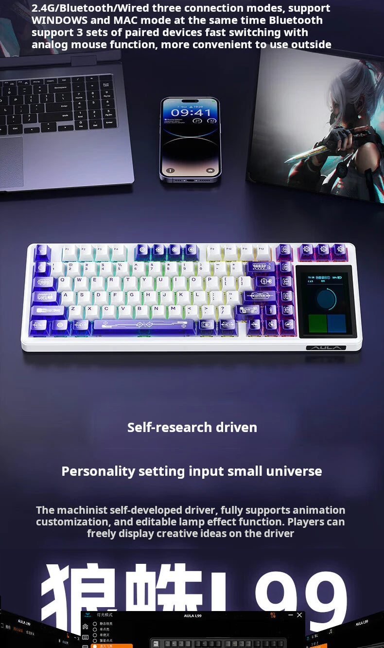 AULA L99 Intelligent Screen Mechanical Keyboard Bluetooth Wireless Tri-mode Night Gaming Laptop Keyboard 8000mAh Raindrop Switch