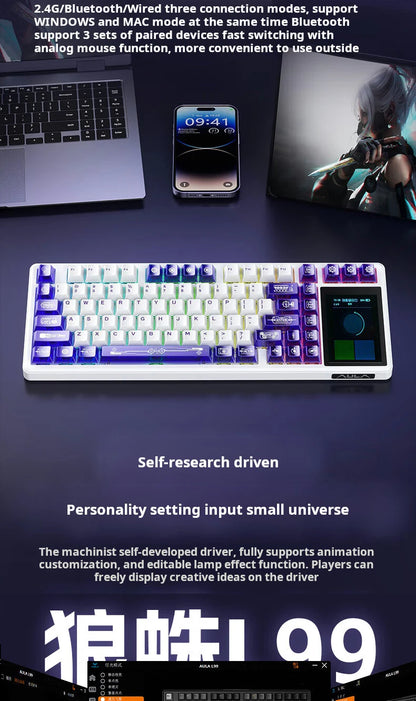 AULA L99 Intelligent Screen Mechanical Keyboard Bluetooth Wireless Tri-mode Night Gaming Laptop Keyboard 8000mAh Raindrop Switch