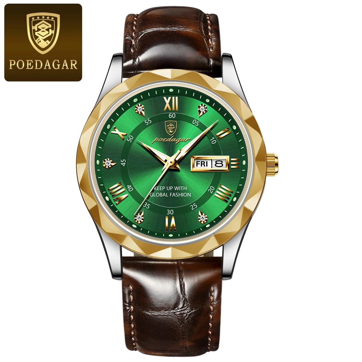Relógio de homem POEDAGAR, modelo original de luxo: estanque, luminescente, com indicação da data e do dia. Relógio de quartzo com um estilo clássico e profissional, equipado com uma bracelete em pele.