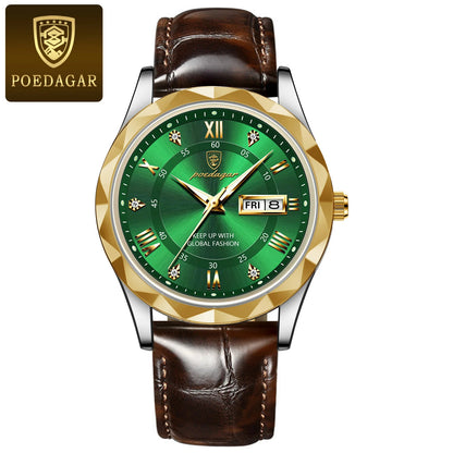 Relógio de homem POEDAGAR, modelo original de luxo: estanque, luminescente, com indicação da data e do dia. Relógio de quartzo com um estilo clássico e profissional, equipado com uma bracelete em pele.