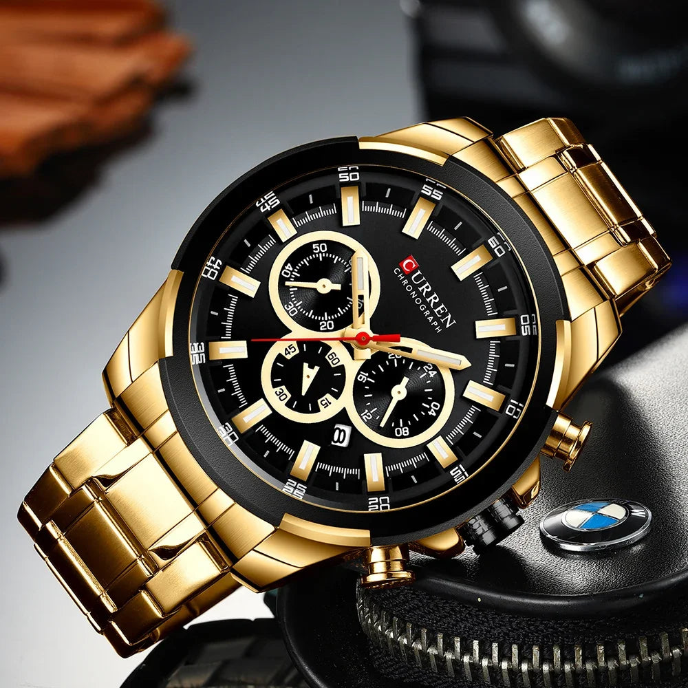 CURREN Chronographenuhr für Herren, großes Zifferblatt (48 mm), Edelstahlarmband, drei Hilfszifferblätter, Quarz-Sportarmbanduhr, luxuriöser Stil