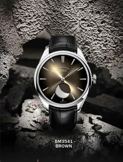 BORMAN 41.5mm 5ATM Waterproof Mechanical Watches Moon Phase Luxury Designer Men Dress Automatic Wristwatch
