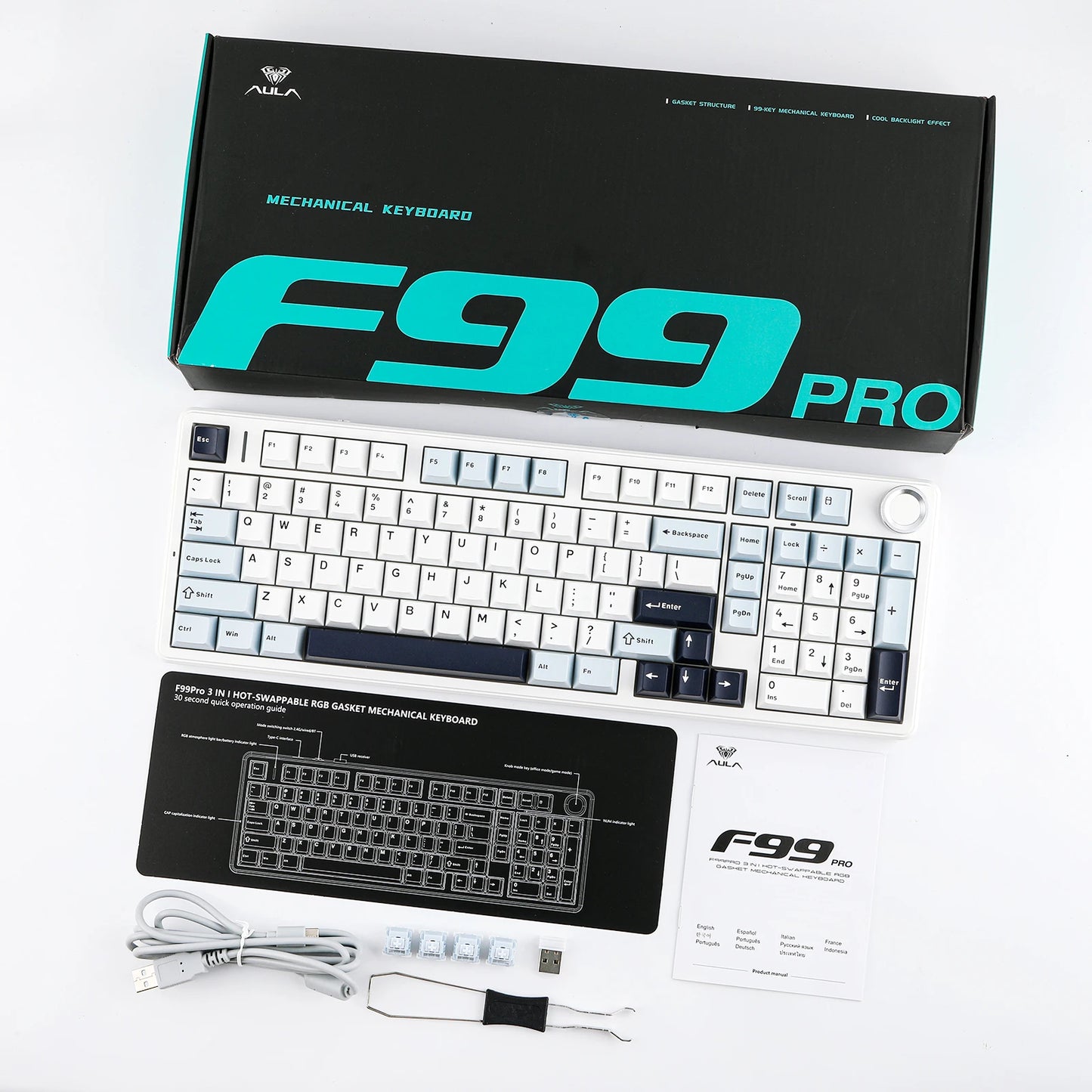 AULA F99 PRO 96% Layout Hot-Swappable Gasket-Mounted Wired/Bluetooth/2.4GHz Wireless Mechanical Keyboard for Mac/Win