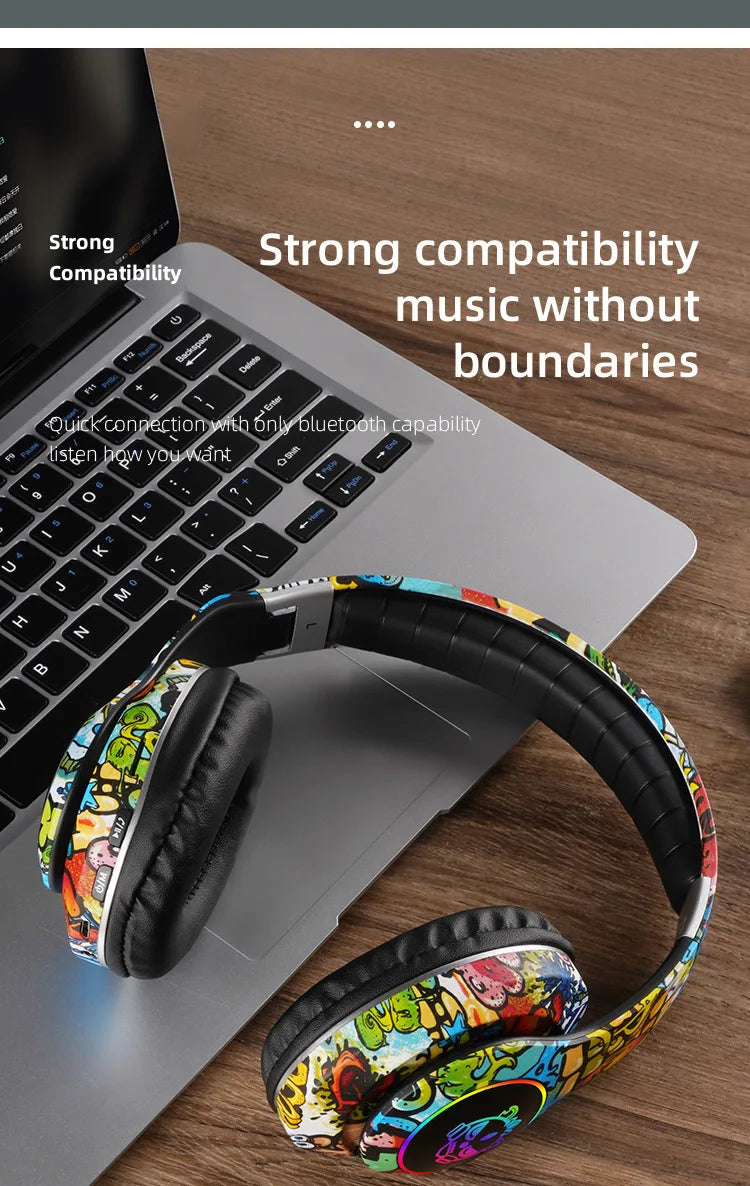 New Graffiti Wireless Bluetooth Gaming Headset LX-8686 with Mic, LED Light, TF Card Support, Deep Bass Over-Ear Headphones for PC, Gaming & Kids