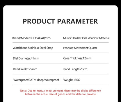 POEDAGAR Fashion Brand Male Watch Waterproof Luminous Stainless Steel Watches For Men Date Week Casual Quartz Men's Clock Reloj