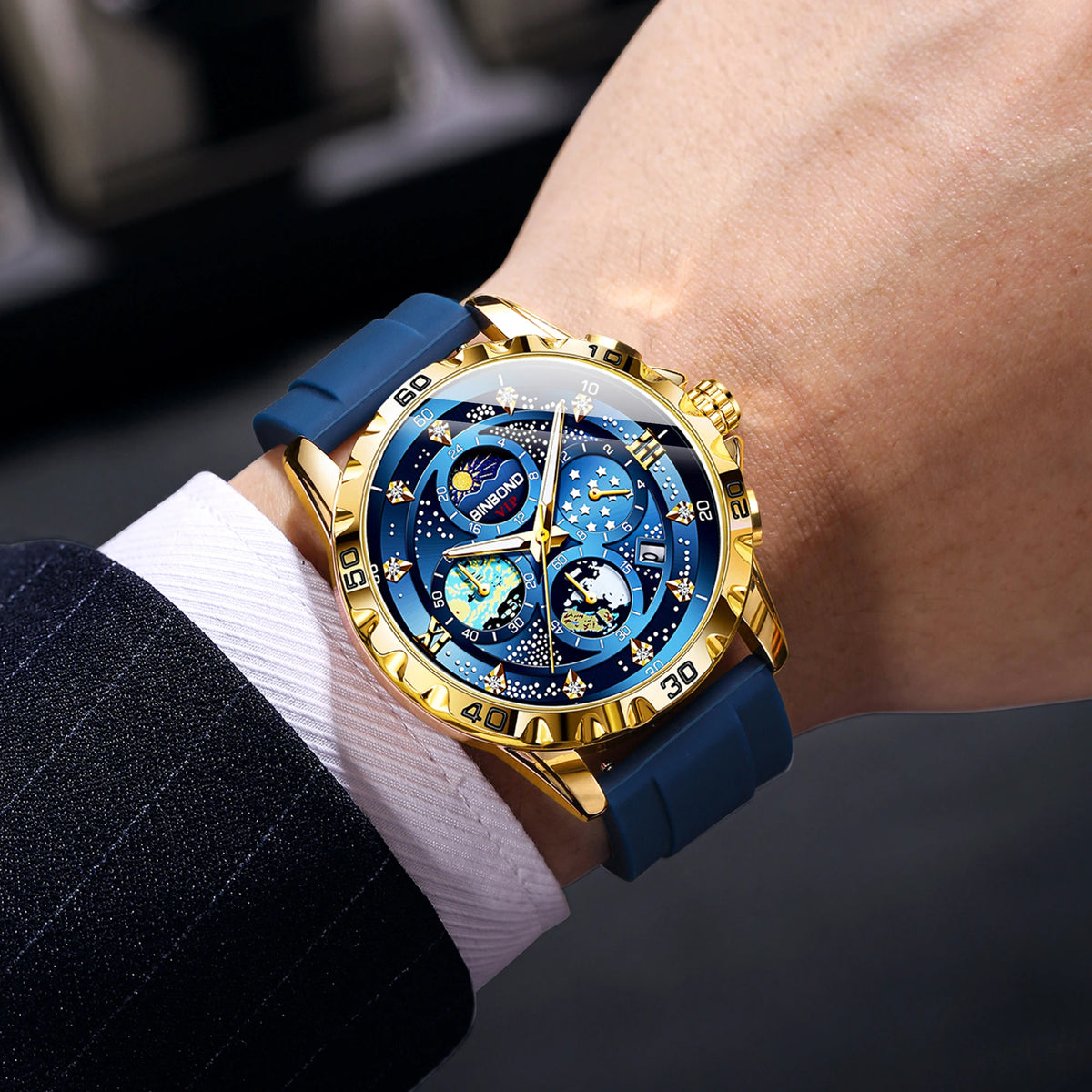 Luxus-Quarzuhren von BINBOND für Herren, leuchtend, wasserdicht, Chronograph mit automatischem Datumsanzeige, Business-, Sport- und Freizeit-Style