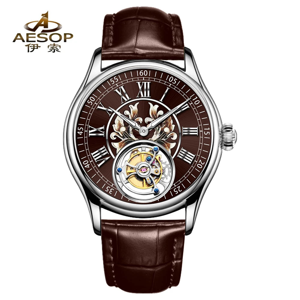 aesop Men's Watch Automatic Movement Mechanical Tourbillon Watch Skeleton Design Stainless Steel Case Waterproof Men's Watch 202