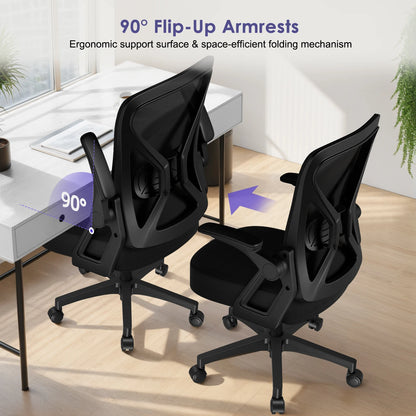 AUTHMIC Ergonomic Office Chair with Lumbar Support, Mesh Back, Flip-Up Armrests, Adjustable Height, Reclining Desk Chair for Home Office