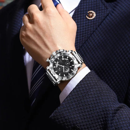 Orologio da uomo di lusso POEDAGAR, luminescente, impermeabile, cronografo, datario, acciaio inossidabile, al quarzo, Reloj
